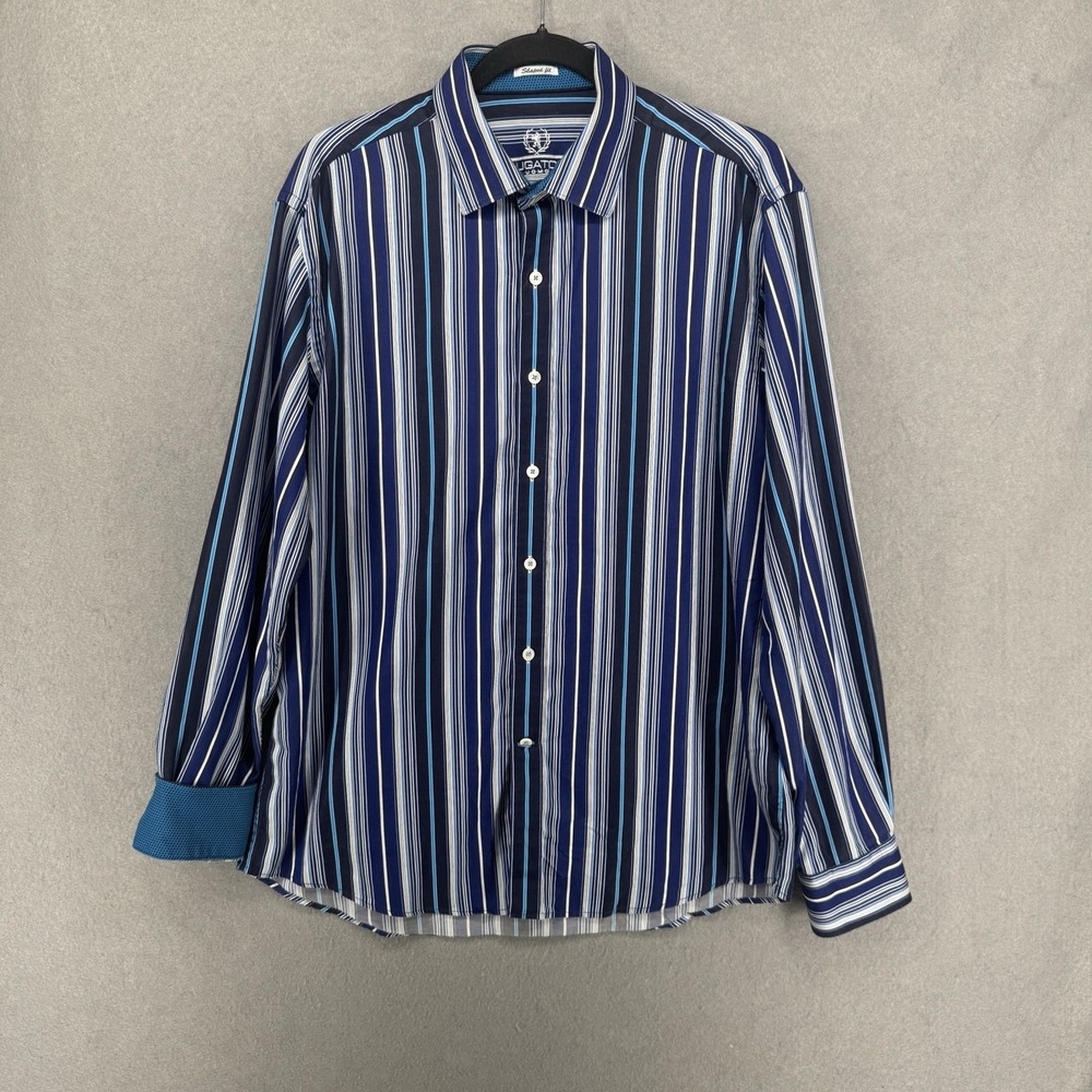 Bugatchi Shirt Mens L Blue White Button Up Shaped Fit Dress Flip Cuff Striped